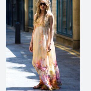 Zara Silk One Shoulder Maxi Dress Yellow Watercolor Size XS